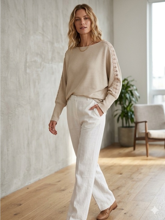NoraCora Sweaters - NORACORA Beige Ribbed Knit Batwing Sweater Lace Sleeve Detail Deep Cuff Boatneck